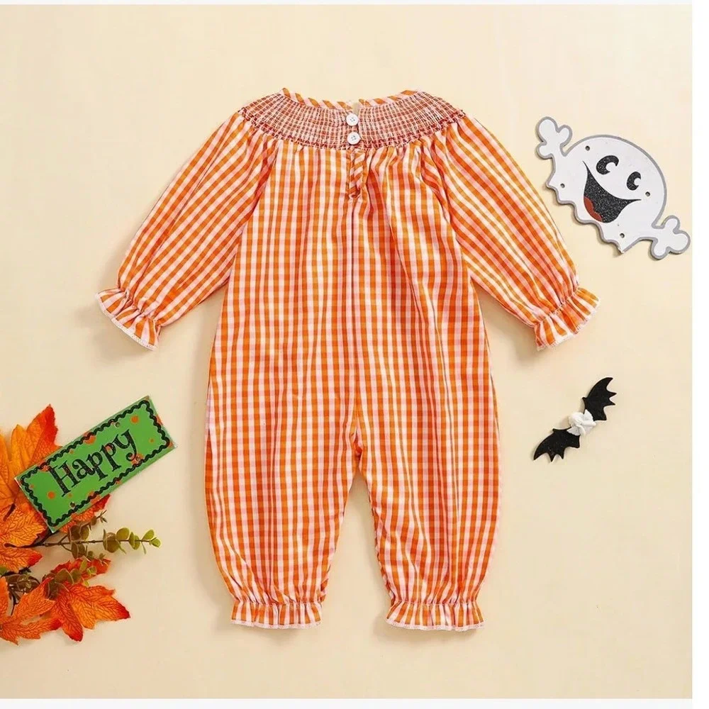 NWOT Baby Halloween Puff Sleeve Ghost Print Smocked Plaid Romper Jumpsuit U50